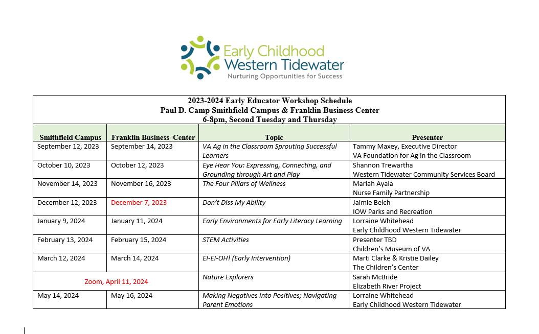 23 Workshop Schedule